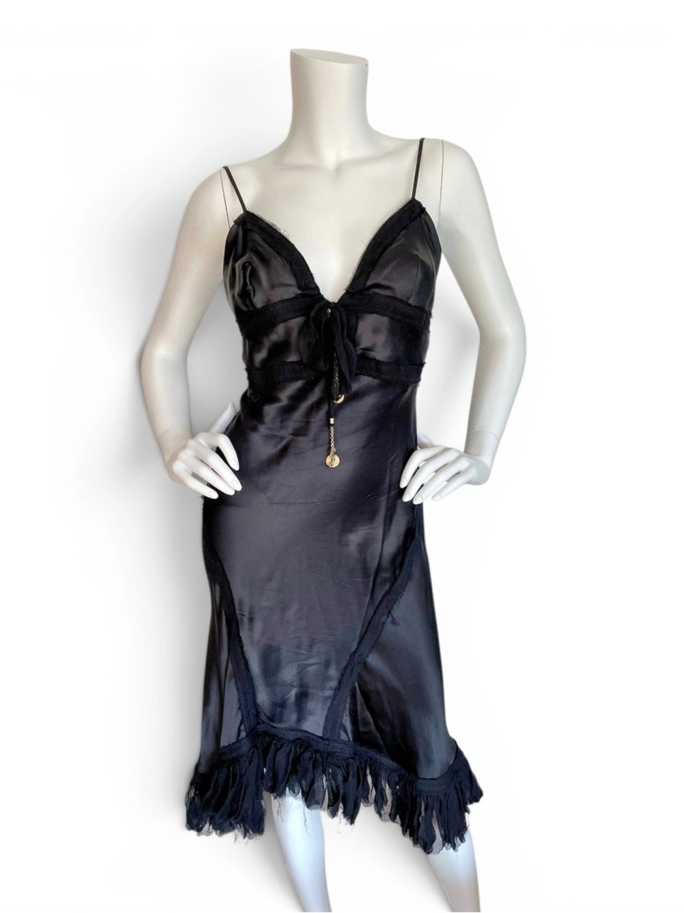 ROBERTO CAVALLI S/S 2004 Vintage Corset Black Silk Ruffle Midi Slip Dress S
